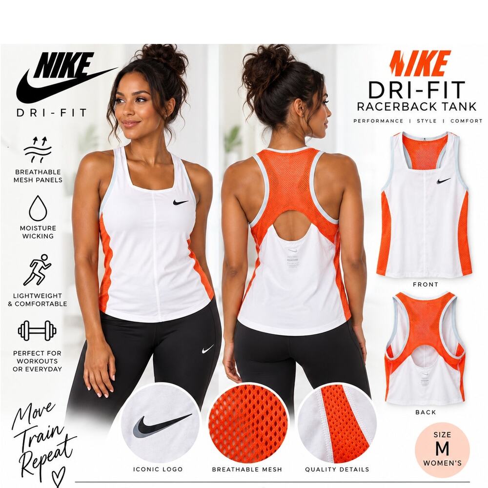 Nike Dri-FIT Mesh Racerback Tank Women’s M White Orange Running Workout Top
